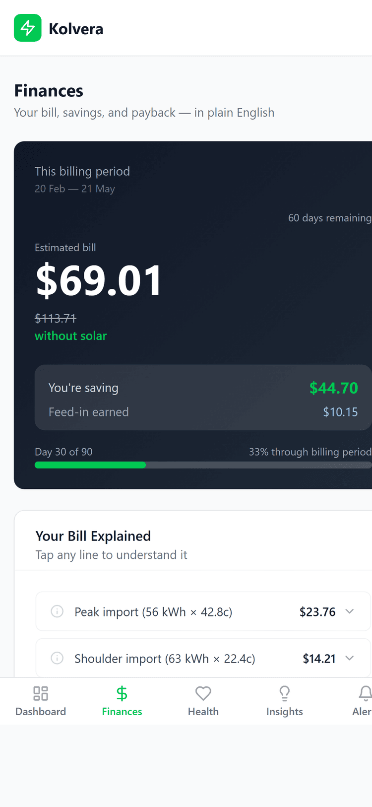 Bills and payback screenshot